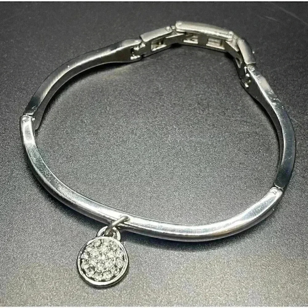 Silver Tone Pave Crystal Disc Charm Bangle‎ Bracelet Foldover Clasp 7 Inch